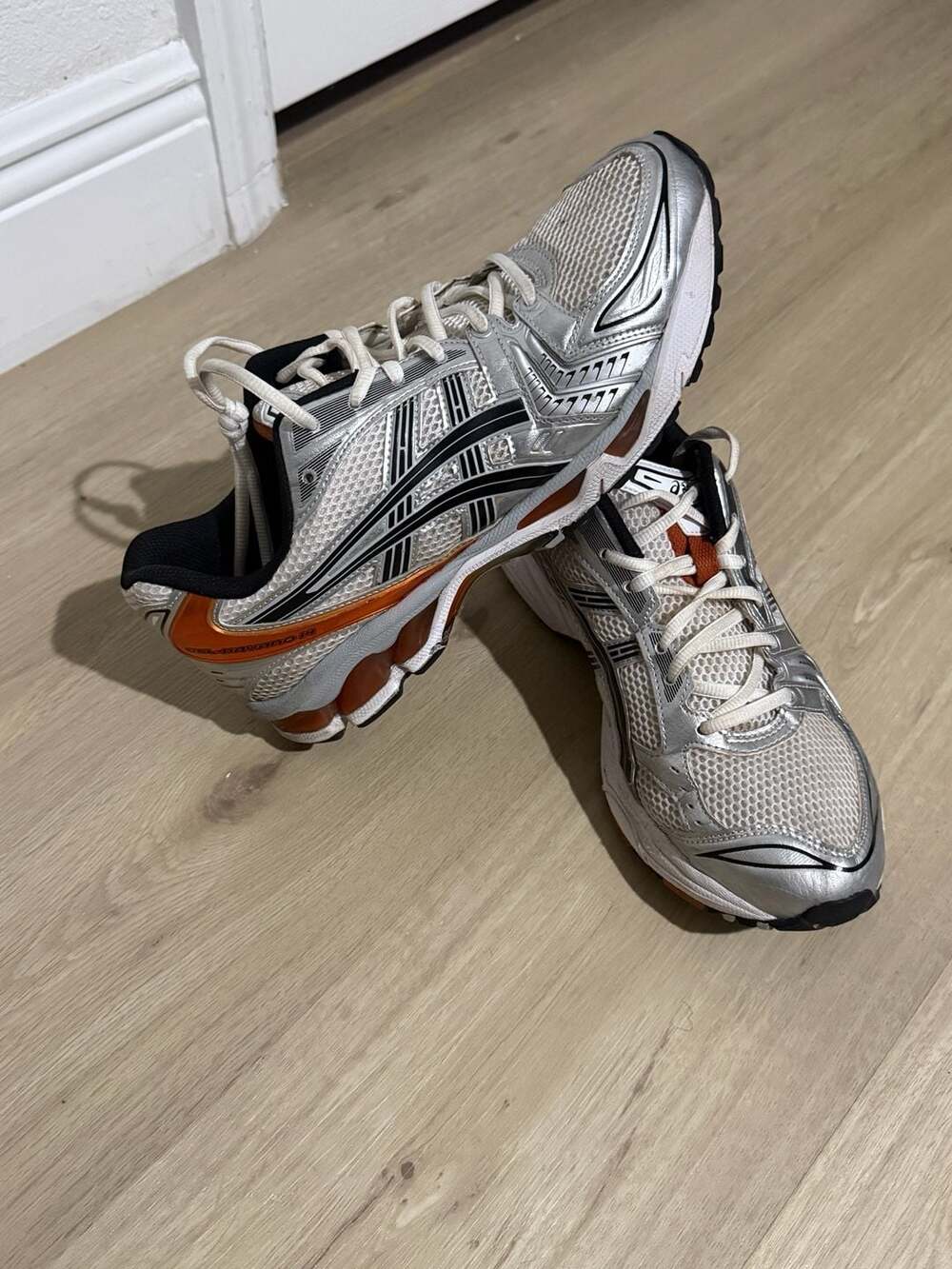 ASICS Gel-Kayano 14 White Piquant Orange Silver Running Shoes